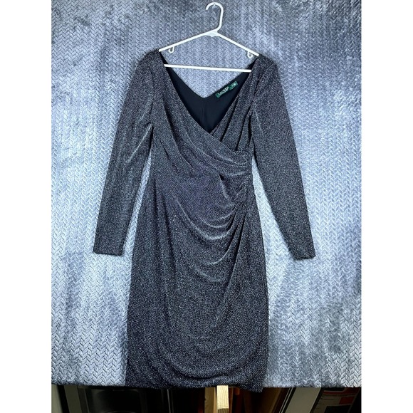 Lauren Ralph Lauren Dresses & Skirts - Lauren Ralph Lauren Gray Ruched Surplice Sheath Dress 8 Metallic Long Sleeve